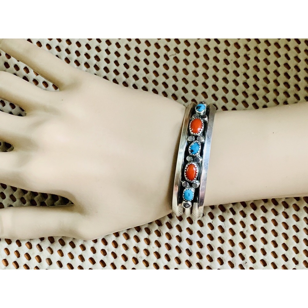 Vintage Sterling Silver Navajo Turquoise And Red Coral Cuff Bracelet